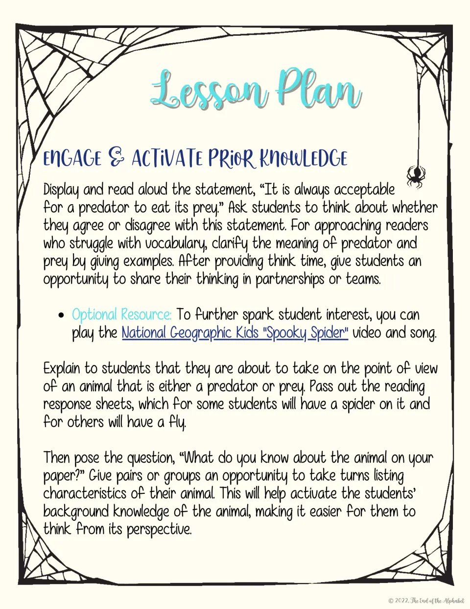 Lesson opening asks whether predators should eat prey and assigns students spider or fly perspectives
