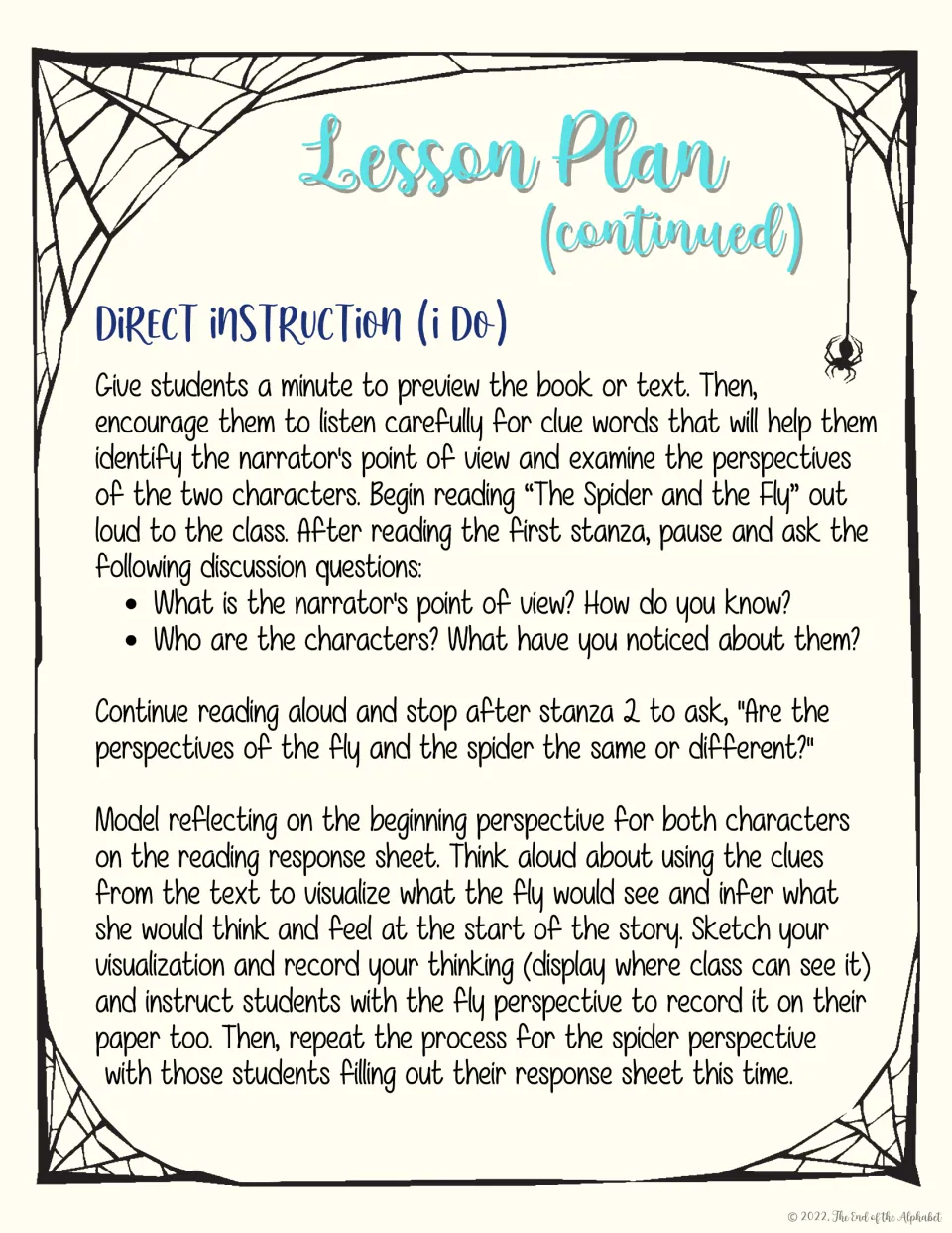 Direct instruction models identifying the narrator's point of view and each character's initial perspective