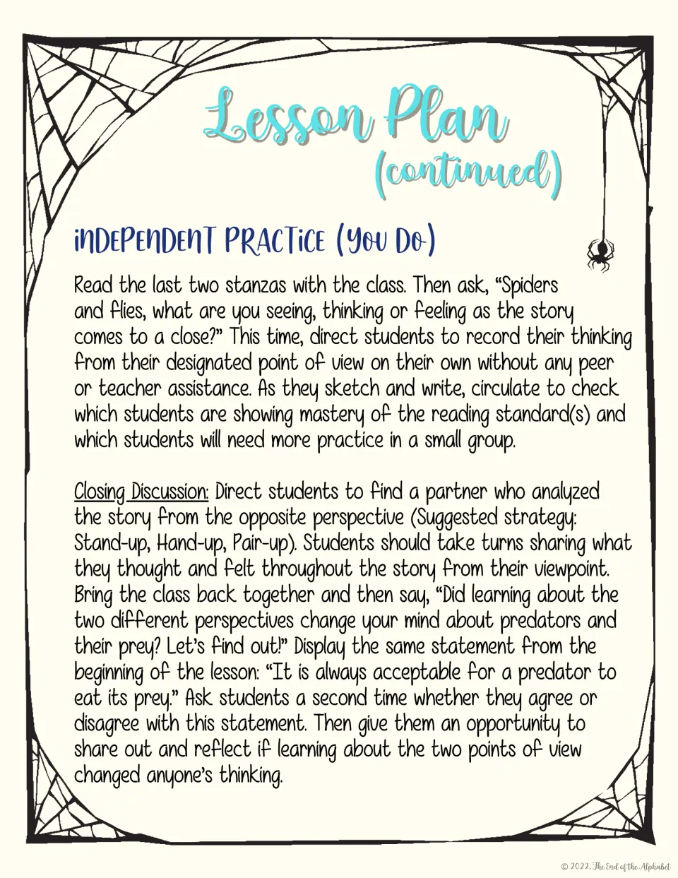 Independent practice asks for final character responses, then partners compare spider and fly perspectives