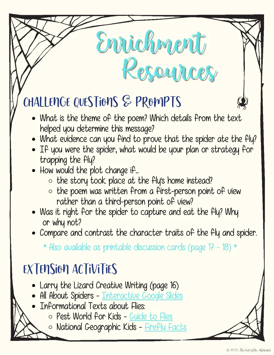 Enrichment questions address theme, evidence, and character traits, followed by writing and research extensions