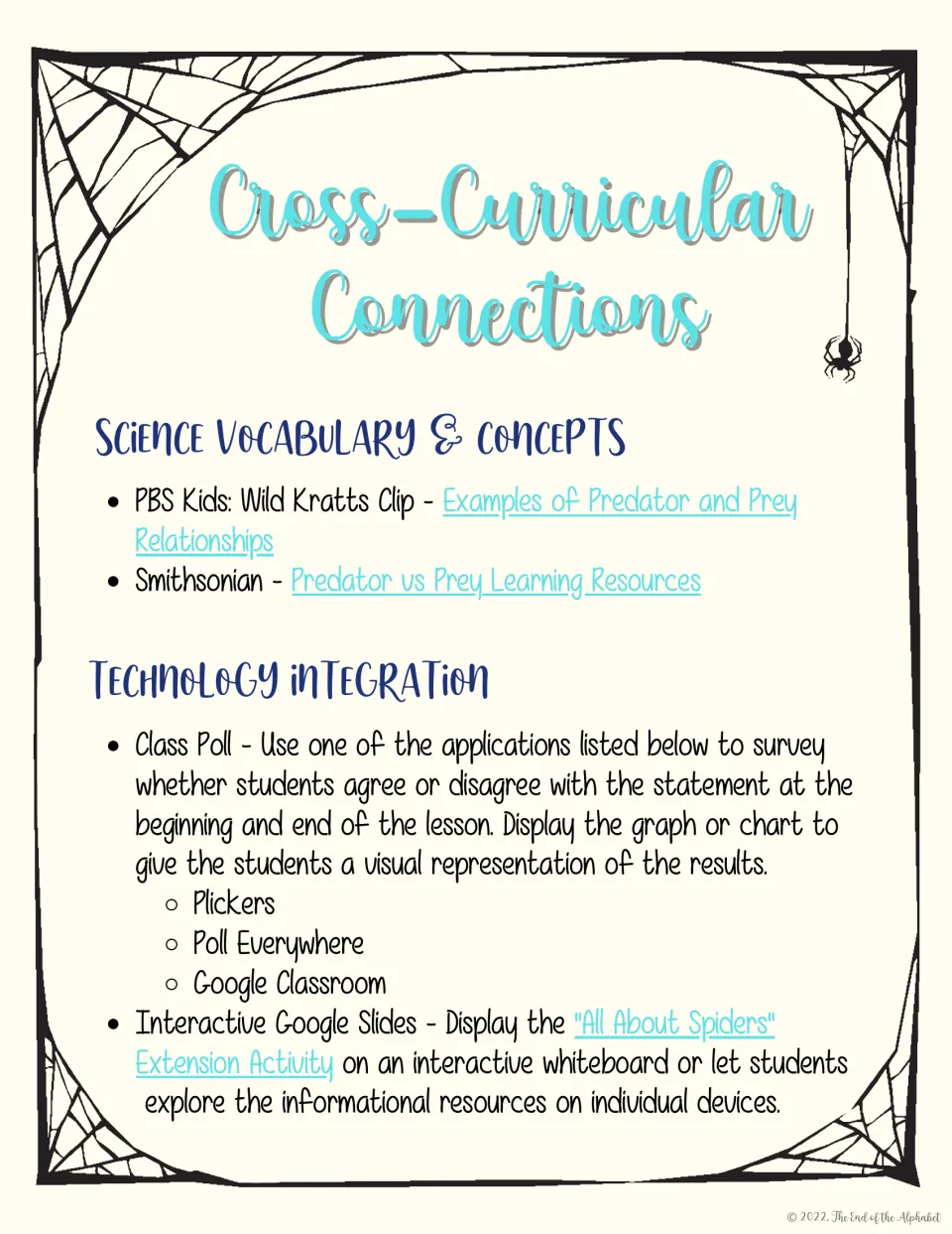 Cross-curricular lesson connections include predator-prey resources, class polling, and interactive spider slides
