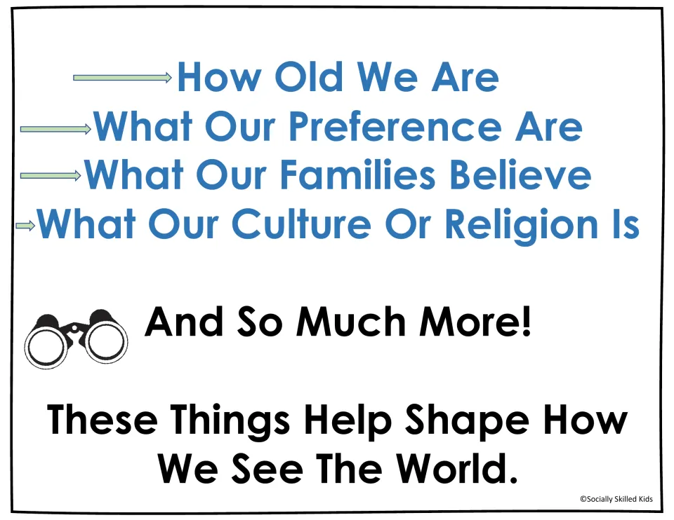 Factors that shape how we see the world: age, preferences, family beliefs, culture or religion, shown beside binoculars