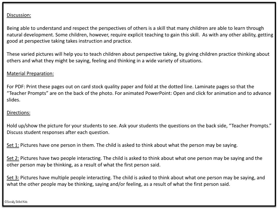 Teacher directions explain photo card preparation, discussion prompts, and the three perspective-taking sets