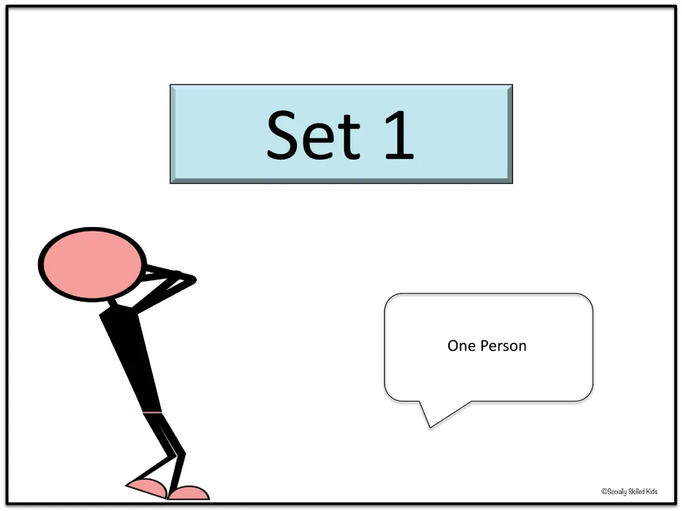 Set 1 introduction identifies the one-person photo cards for thinking about what each person might say