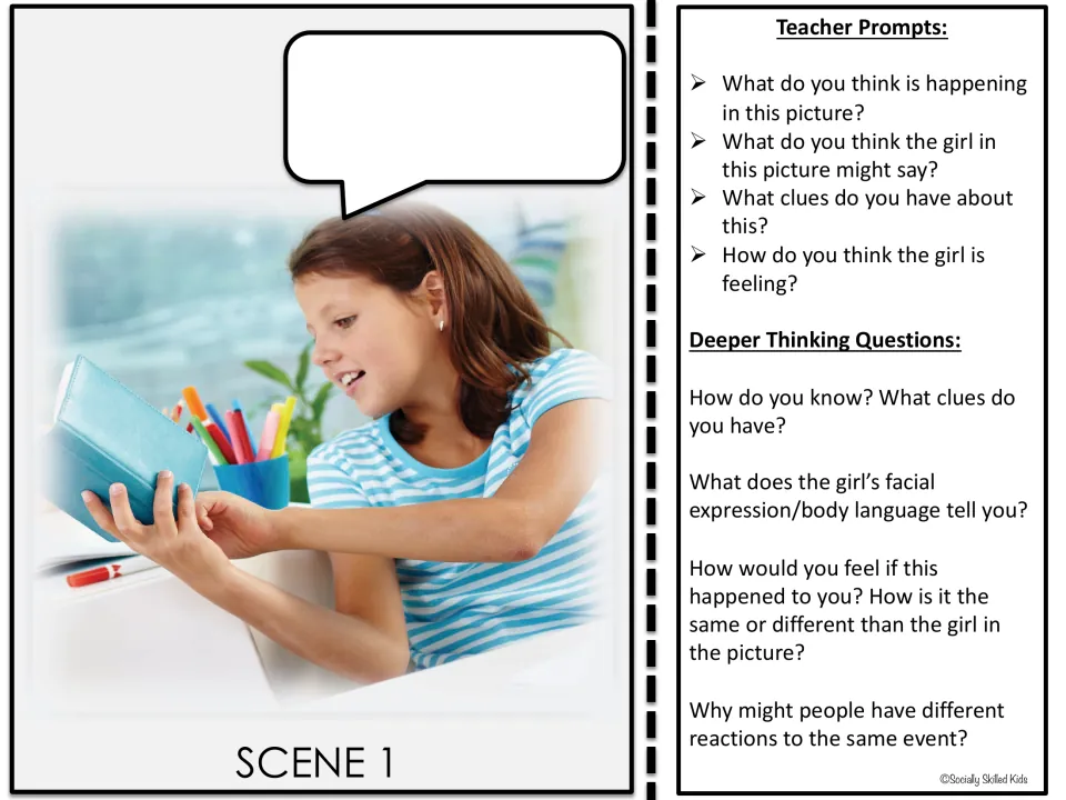 Set 1, Scene 1 photo card shows a girl holding an open book, with prompts about her words, feelings, and clues