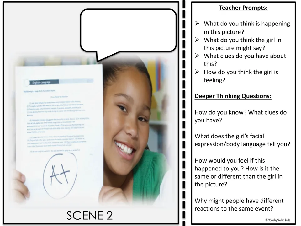 Set 1, Scene 2 photo card shows a smiling girl holding an A+ paper, with prompts about her words and feelings