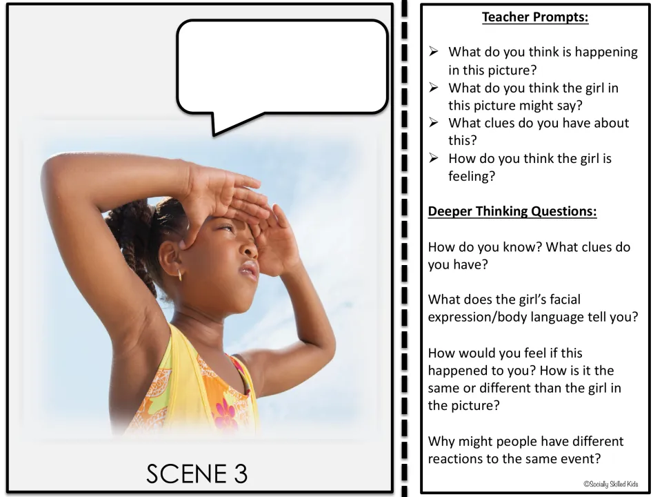 Set 1, Scene 3 photo card shows a girl shading her eyes outdoors, with prompts about her words and feelings