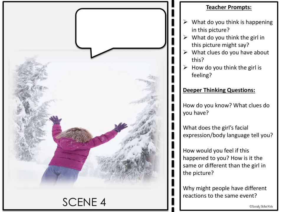 Set 1, Scene 4 photo card shows a girl raising her arms in the snow, with prompts about her words and feelings