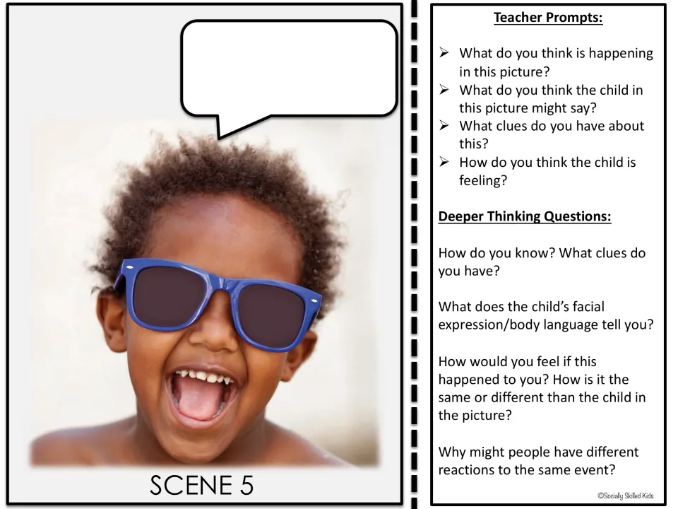 Set 1, Scene 5 photo card shows a smiling child wearing sunglasses, with prompts about words and feelings