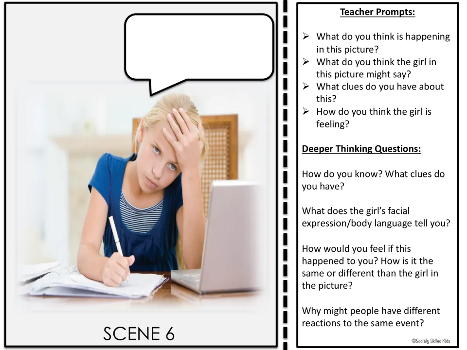 Set 1, Scene 6 photo card shows a girl writing beside a laptop, with prompts about her words and feelings