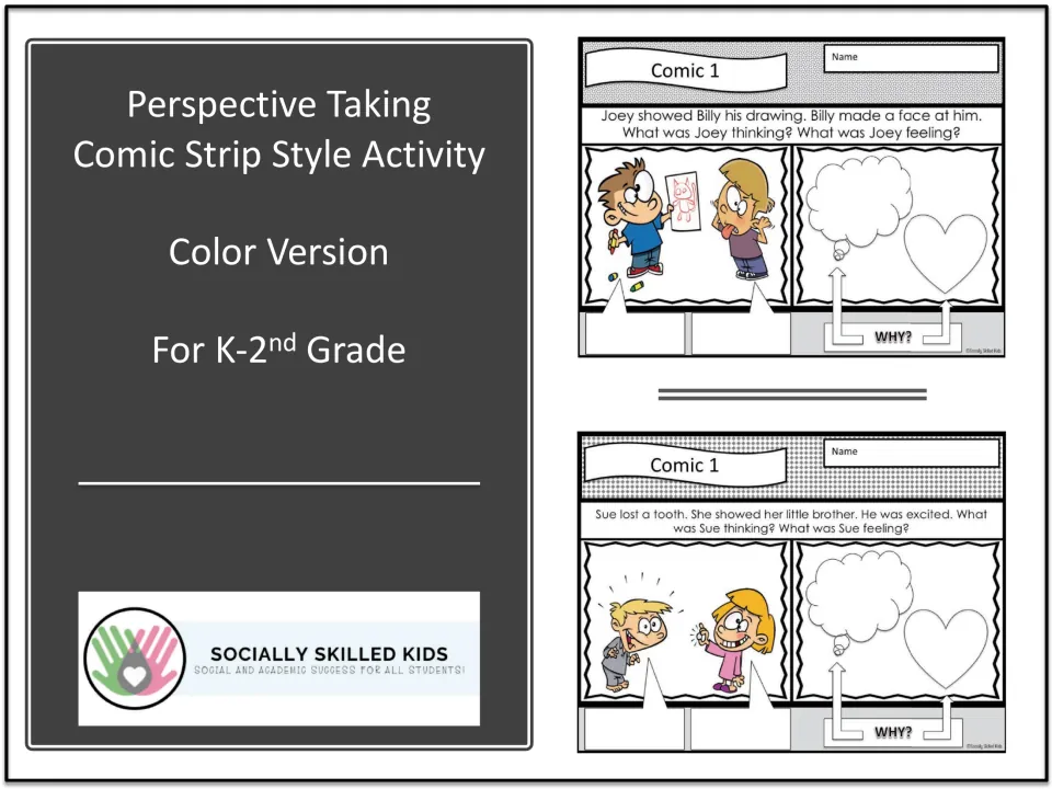 Cover of the color perspective-taking comic activity for K–2, showing drawing and lost-tooth scenarios