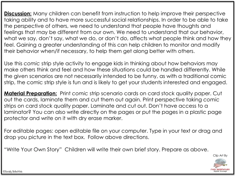 Teacher directions explain perspective taking, comic preparation, editable pages, and writing an original story