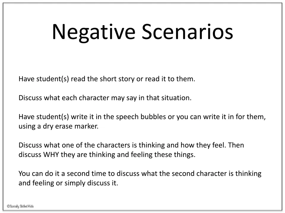 Negative Scenarios directions ask students to read, supply dialogue, and discuss characters’ thoughts and feelings