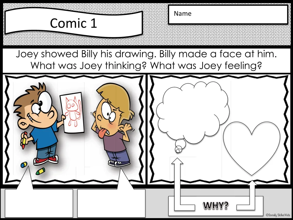 Comic 1: Billy makes a face at Joey’s drawing; students supply dialogue and explain Joey’s thoughts and feelings