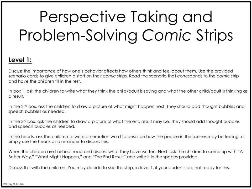 Level 1 comic strip directions use scenario cards to explore speech, thoughts, feelings, and outcomes