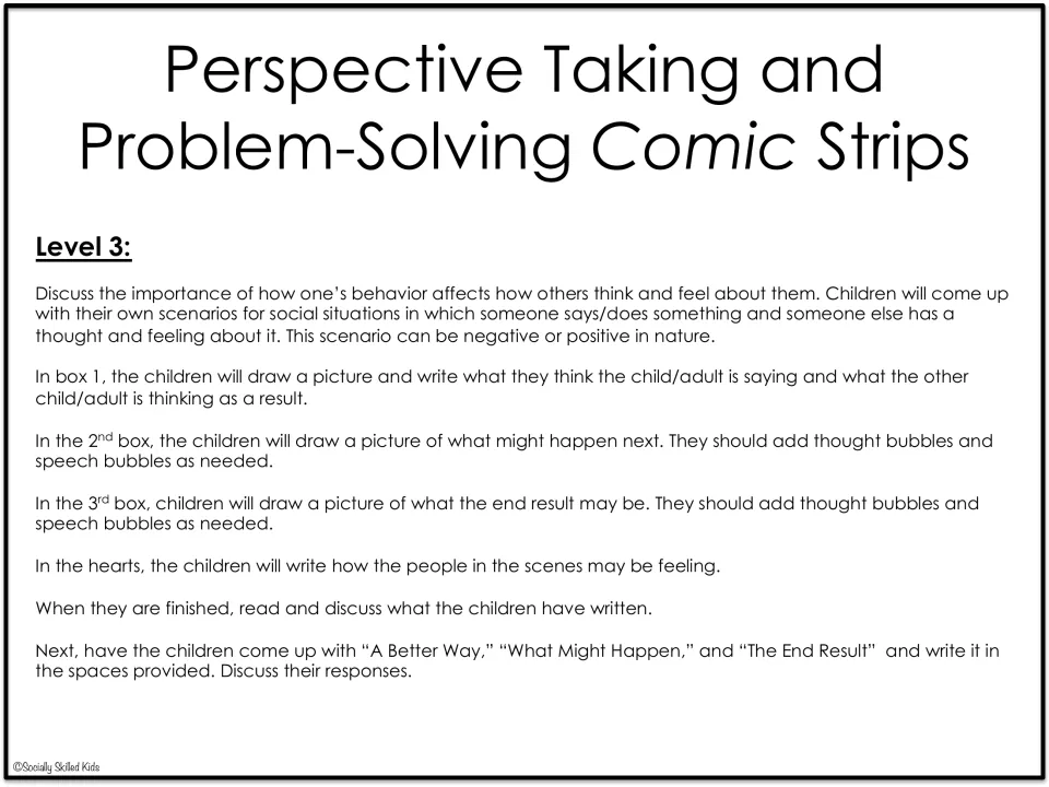 Level 3 comic strip directions ask students to create social scenarios and explore feelings and outcomes