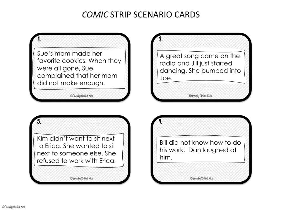 Comic strip scenario cards 1–4: cookies, a dancing collision, refusing a partner, and laughing at a student