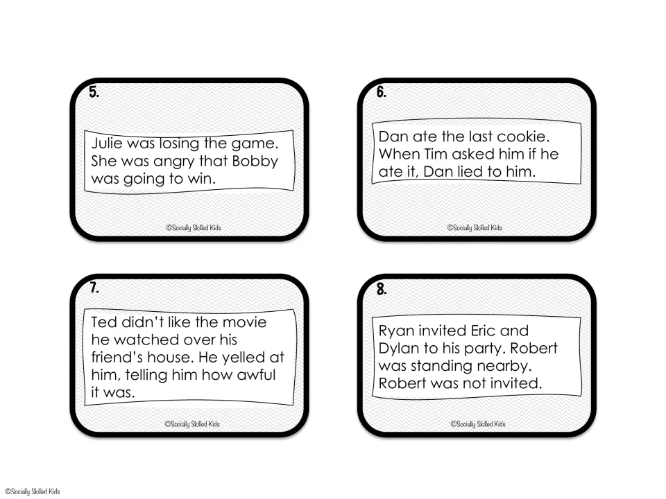 Comic strip scenario cards 5–8: losing a game, lying about a cookie, criticizing a movie, and party exclusion