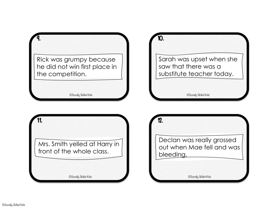 Comic strip scenario cards 9–12: not winning, a substitute teacher, public scolding, and an injury