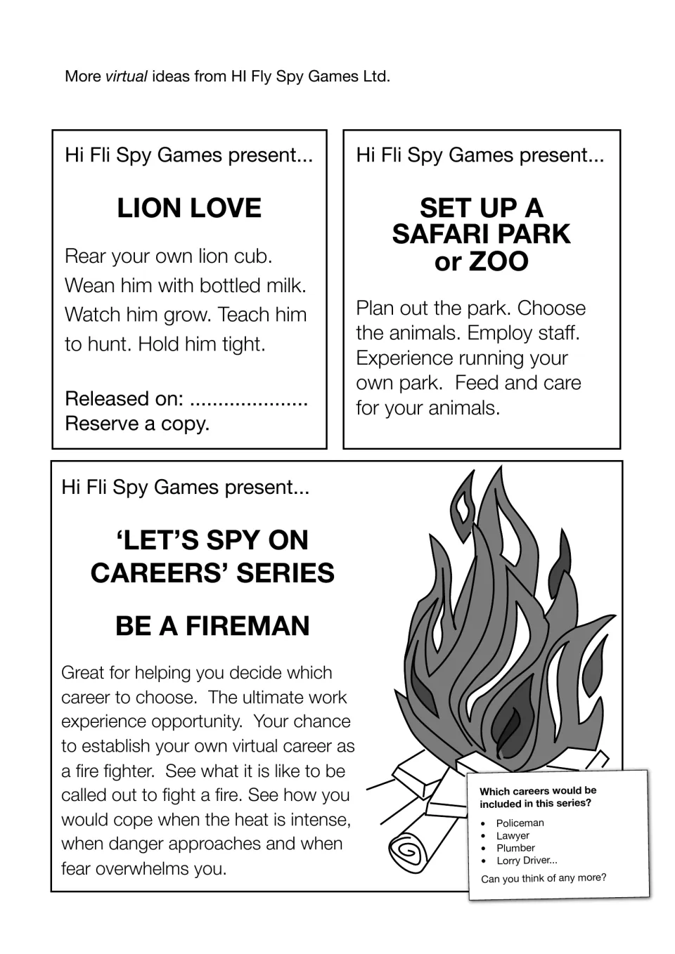 Sample game adverts: Lion Love, Set Up a Safari Park or Zoo and Be a Fireman, plus a prompt to list more career games