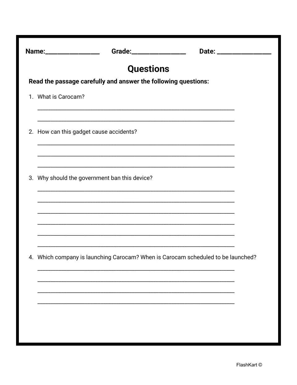 Carocam questions 1-4: students write what Carocam is, how it causes accidents, why to ban it and who launches it