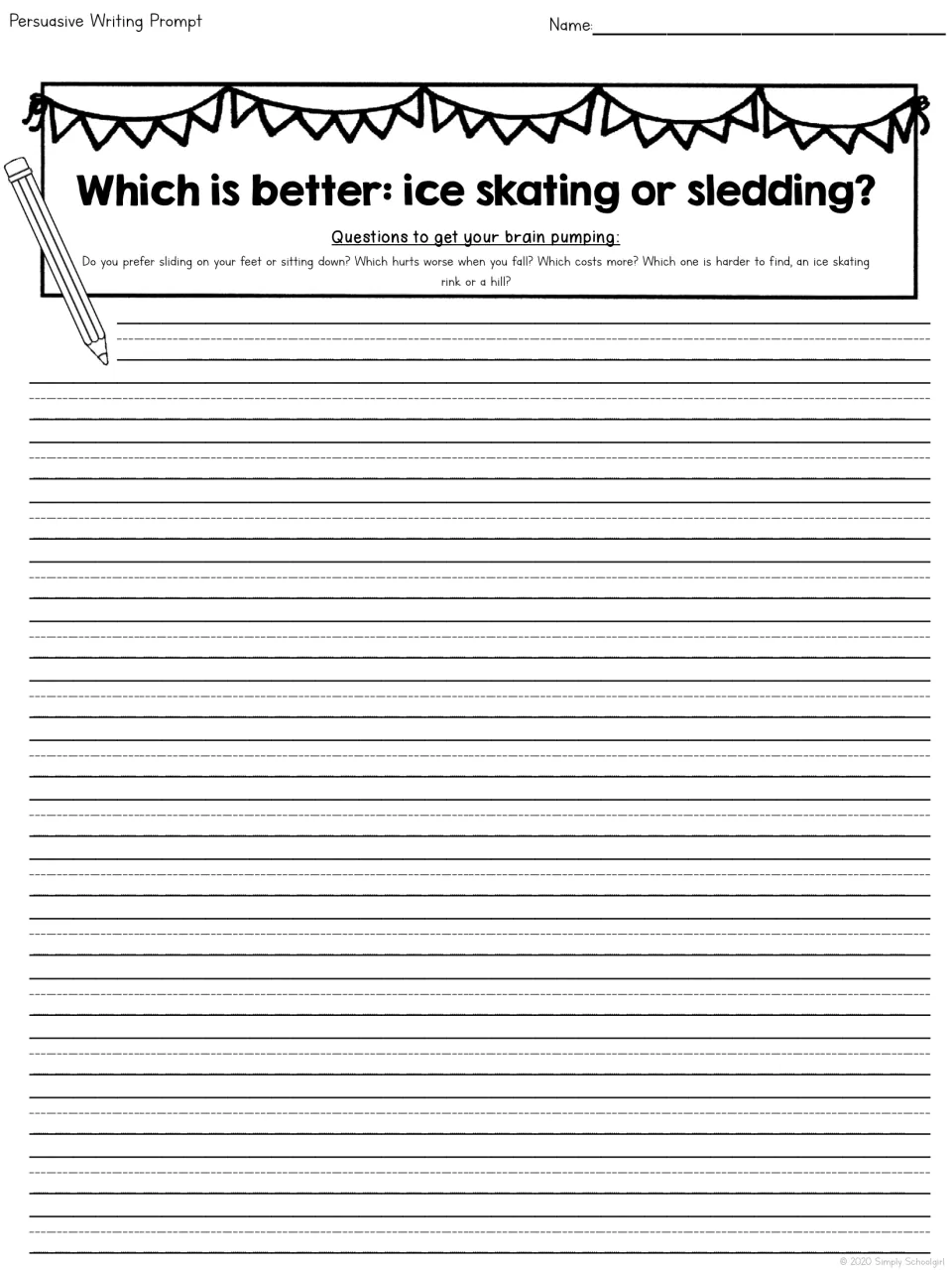 Which is better, ice skating or sledding? Students compare falls, costs and finding a rink or hill, then argue their choice