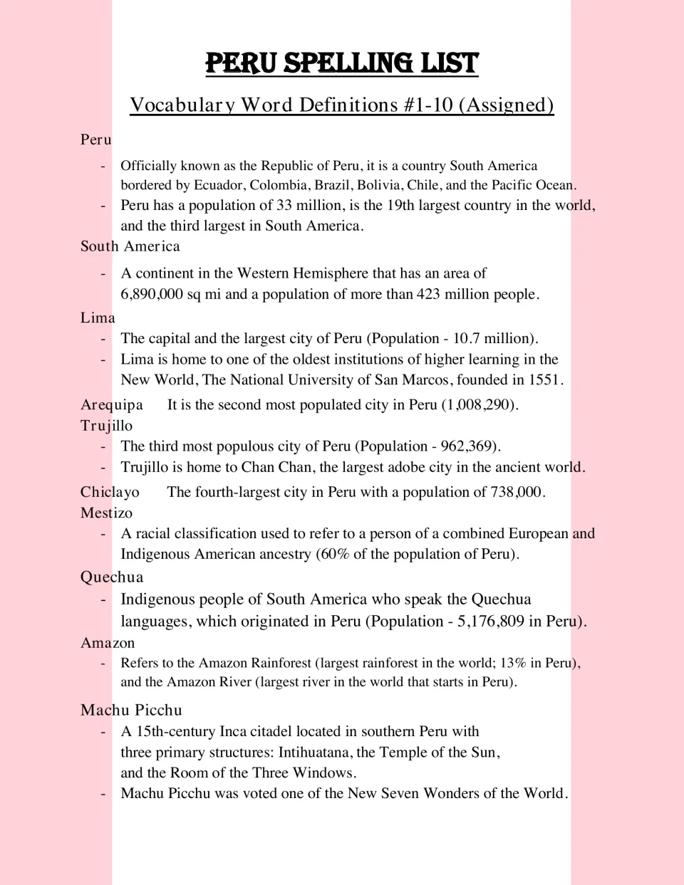Vocabulary definitions for words 1-10: facts on Peru, Lima, Trujillo, the Quechua people, the Amazon and Machu Picchu