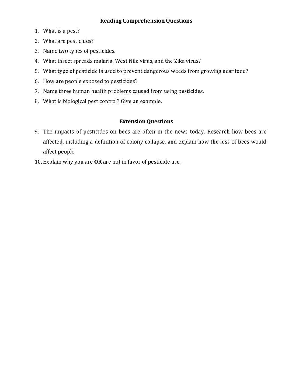 Reading comprehension: students answer 8 questions on pesticides, plus extension research on bees and colony collapse