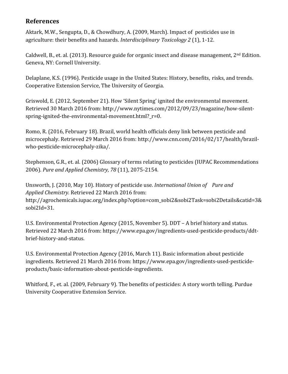 References list citing sources on pesticide history, benefits, hazards and DDT, including EPA, Cornell and IUPAC