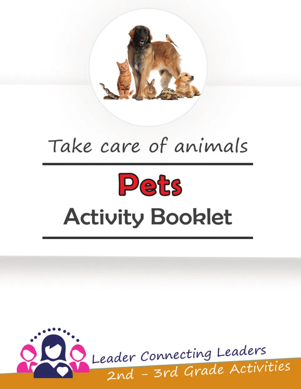 Pet-care booklet cover reads 'Take care of animals' and 'Pets Activity Booklet' for grades 2–3.