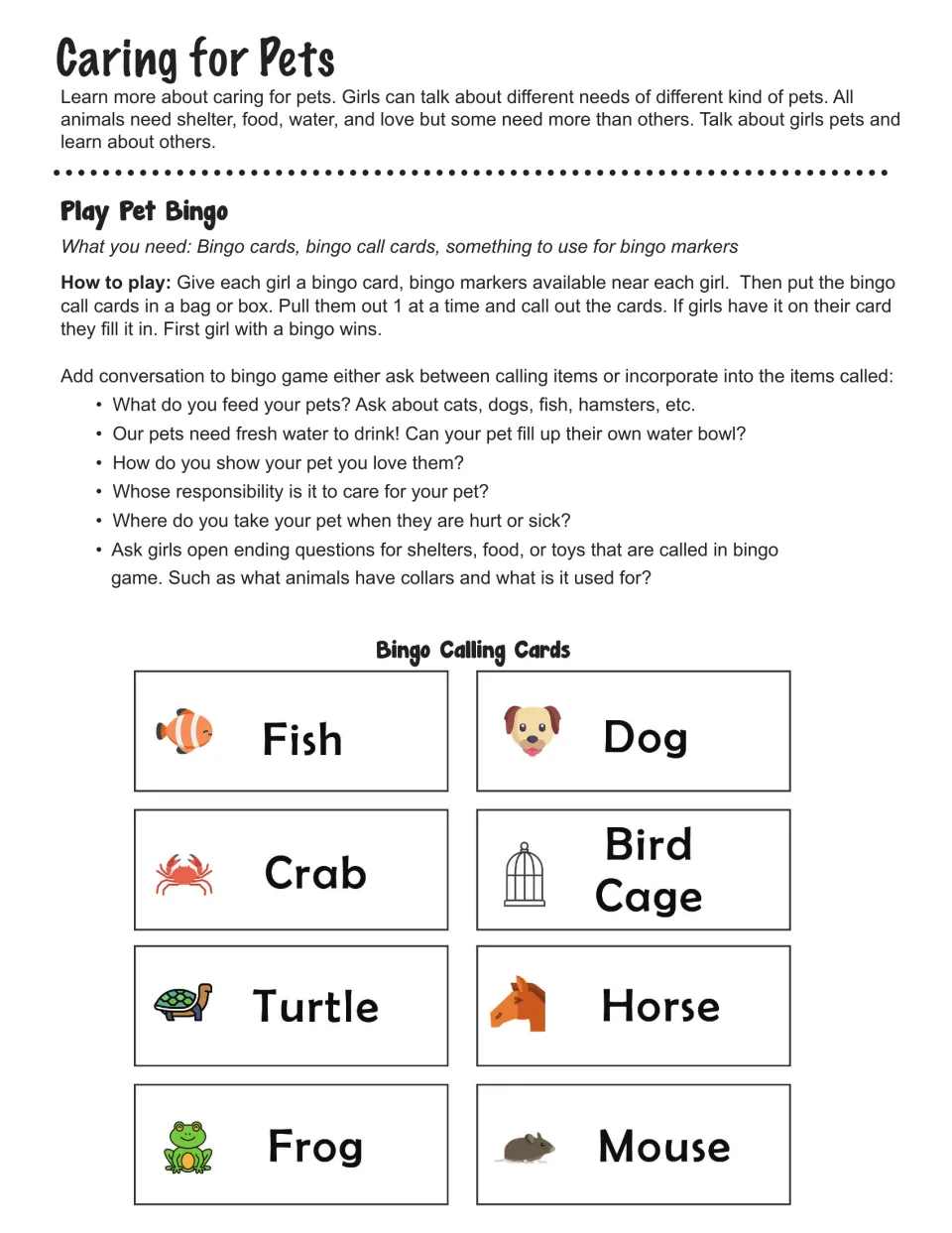 Pet bingo instructions, care discussion prompts, and eight calling cards: fish, dog, crab, and five more.
