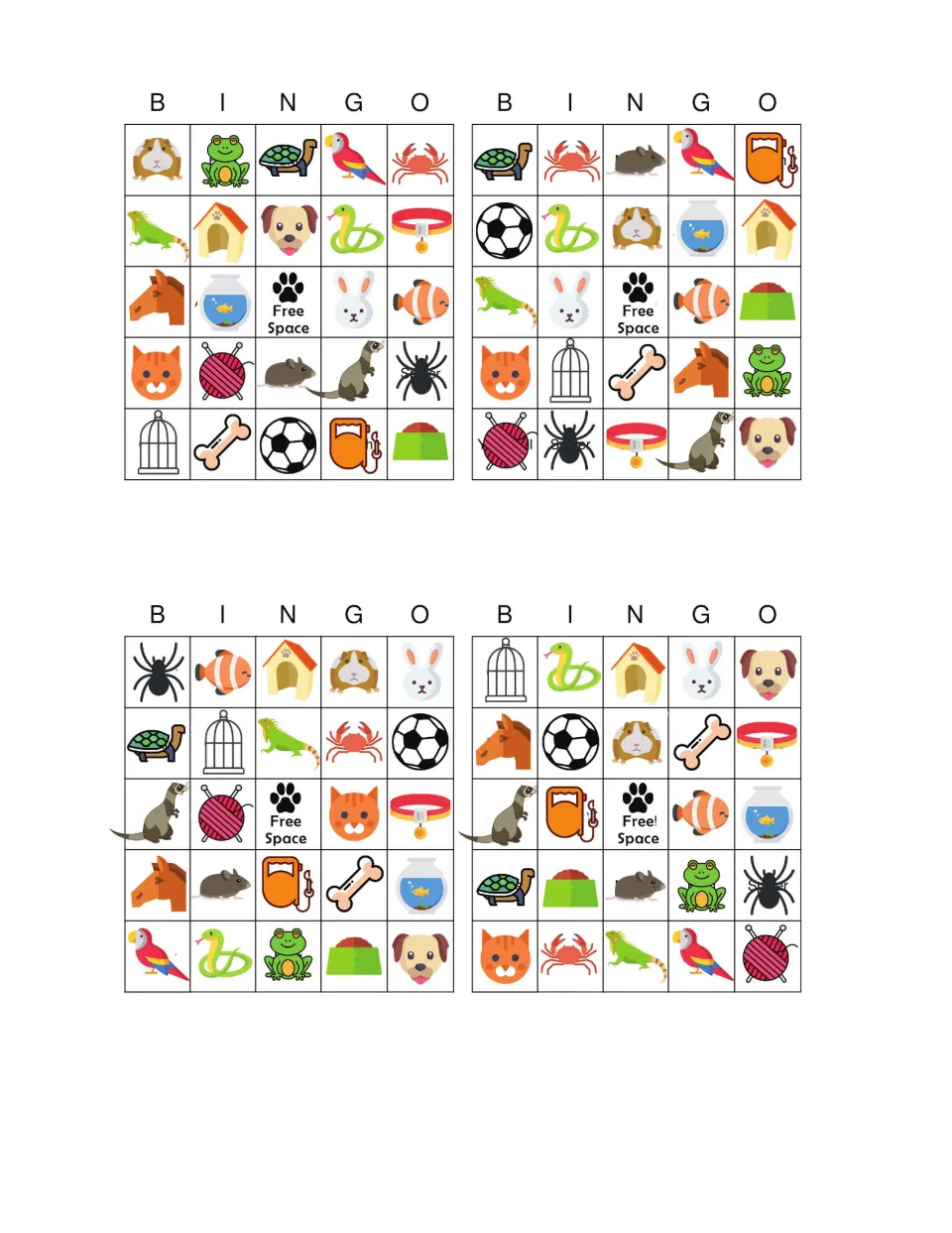 First four pet bingo boards show animals and care supplies, including guinea pig, frog, turtle, and leash.