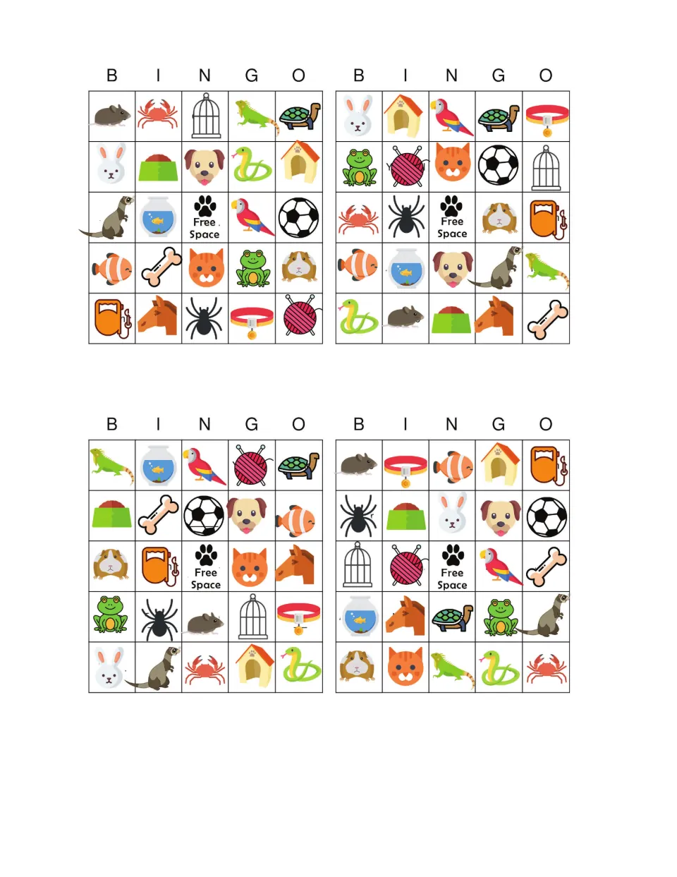 Second sheet of four pet bingo boards includes mouse, crab, rabbit, bird cage, and animal food pictures.