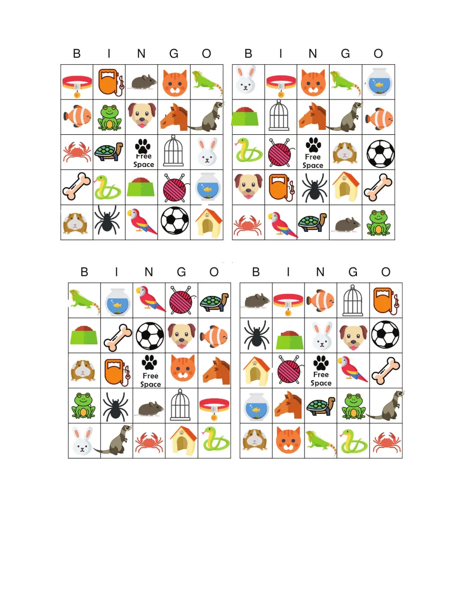 Third sheet of four pet bingo boards includes collar, leash, cat, iguana, fish, and dog pictures.