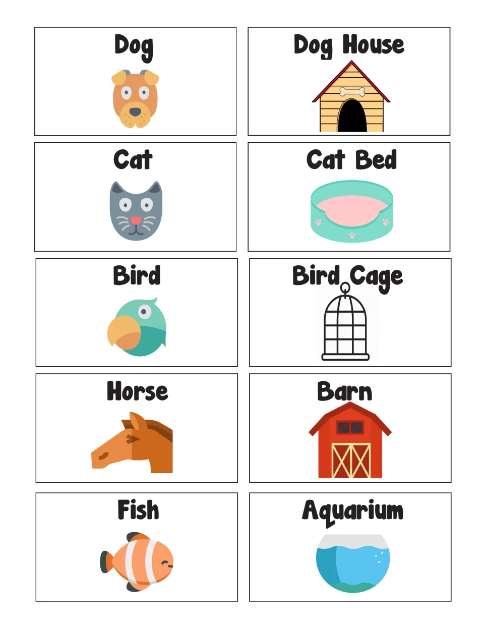 Find My Home matching cards pair dog with dog house, cat with cat bed, plus bird, horse, and fish homes.