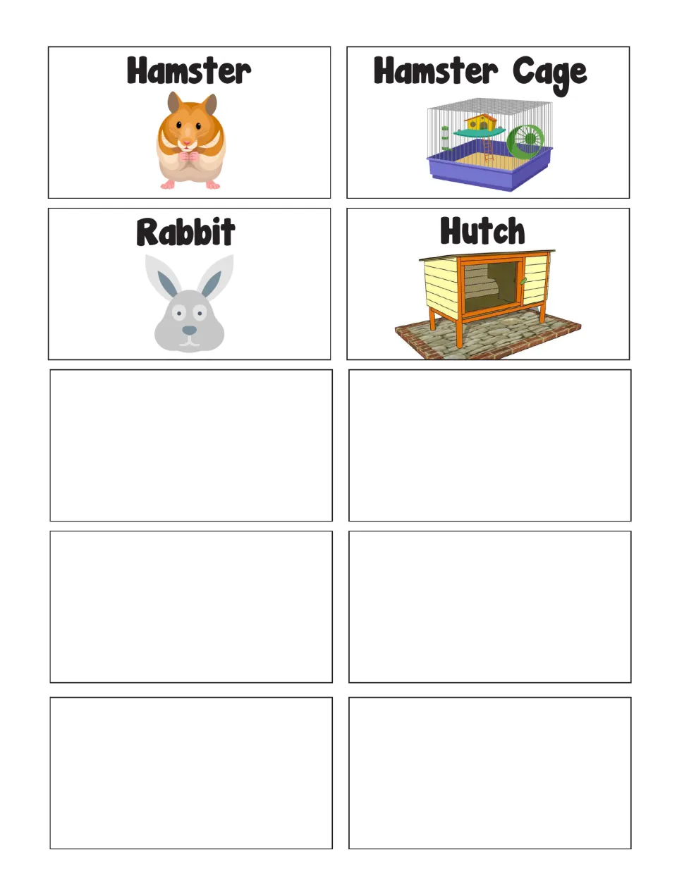 Find My Home cards pair hamster with hamster cage and rabbit with hutch; six blank cards allow additions.