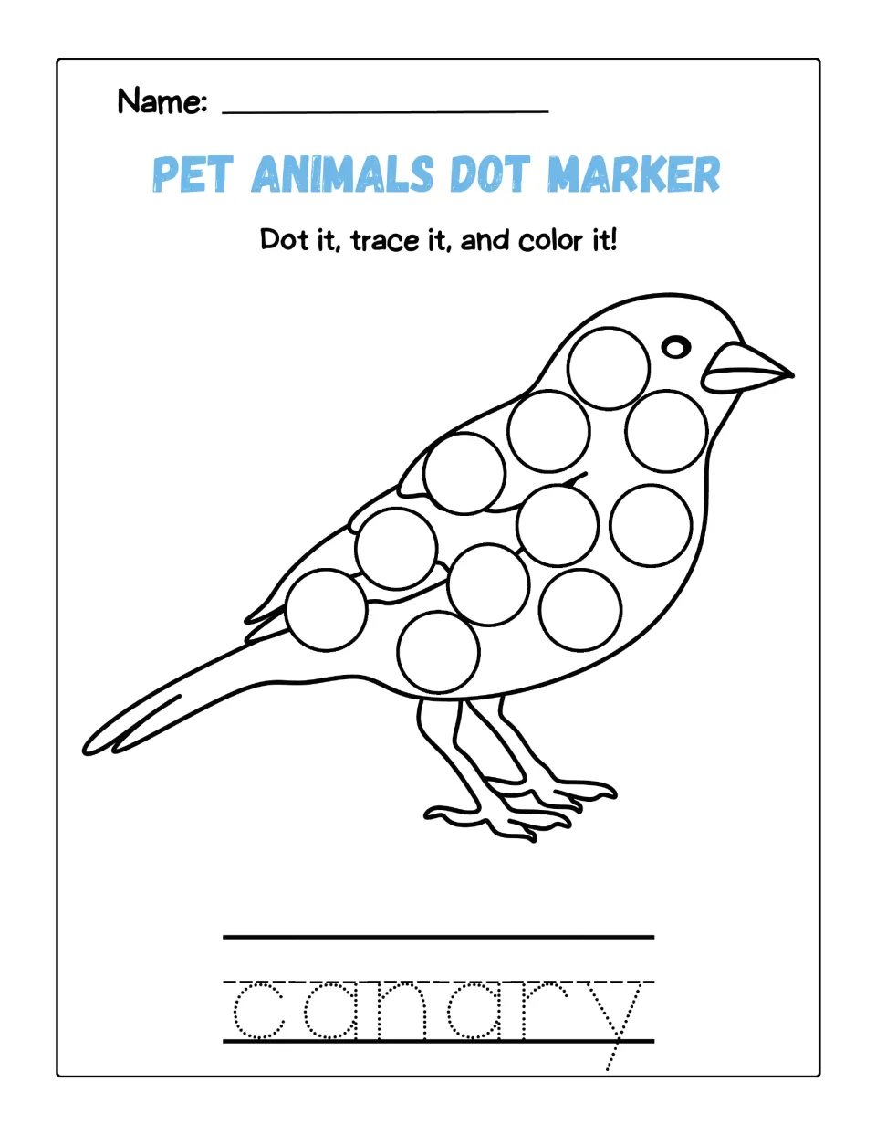 Canary dot page: students dot circles across a small songbird, color it and practise writing by tracing canary