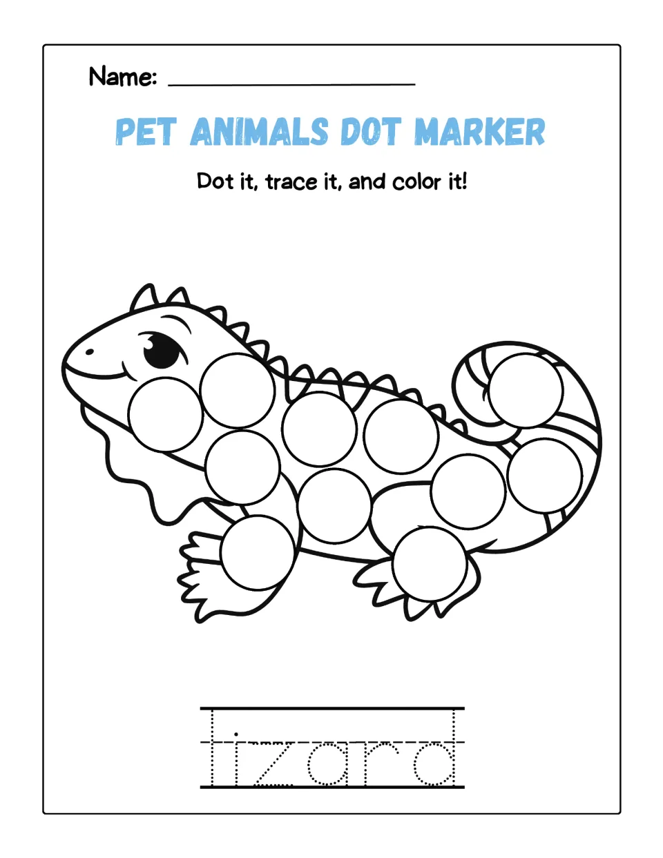 Lizard dot page: learners dot the circles on a spiky-backed lizard, color it and trace the letters of the word lizard
