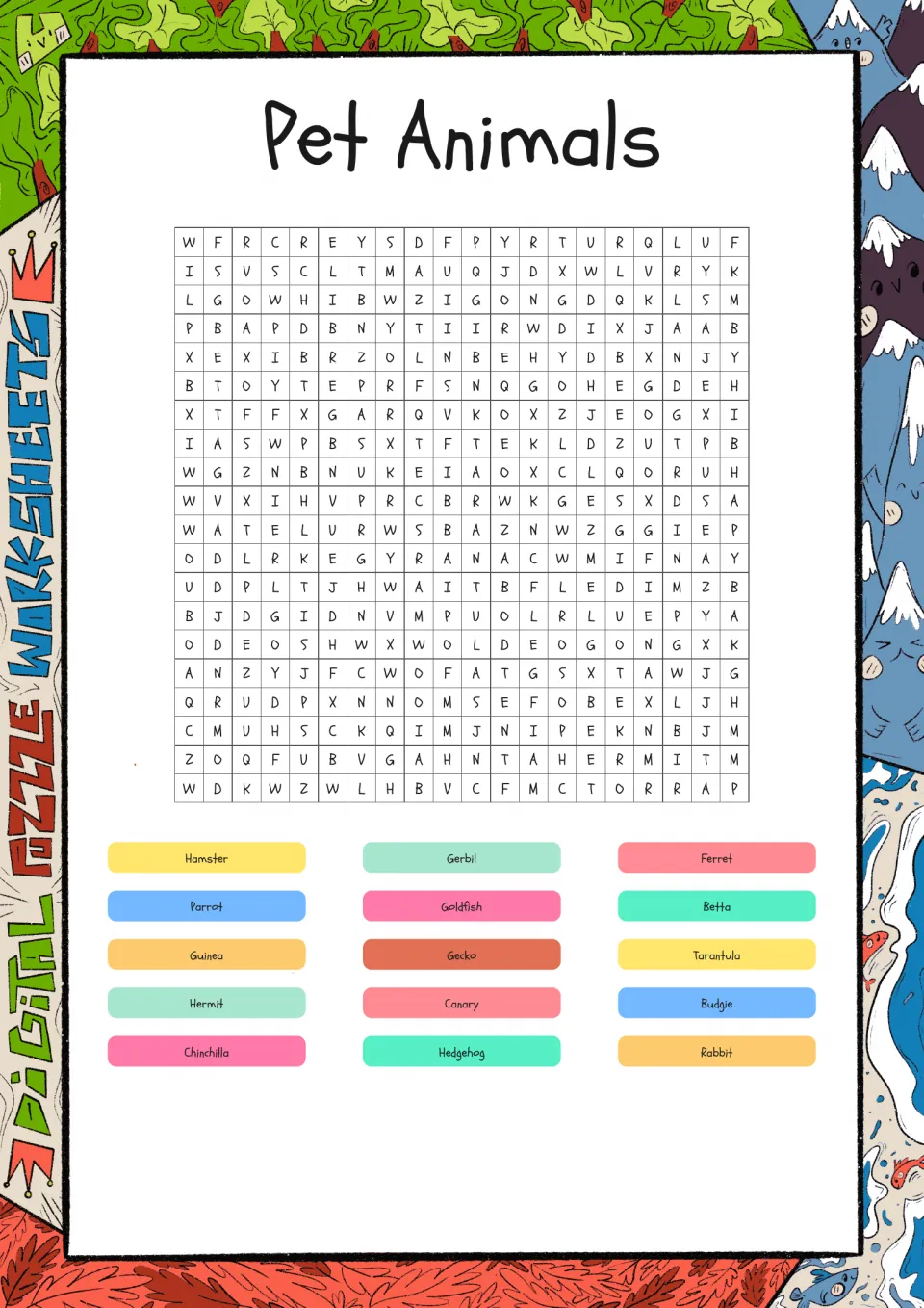 Pet animal word search with 15 terms to find, including hamster, gerbil, ferret, parrot, and goldfish
