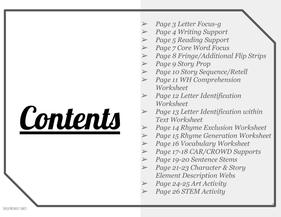 Packet contents list letter focus, reading supports, vocabulary, retelling, worksheets, art and STEM activities