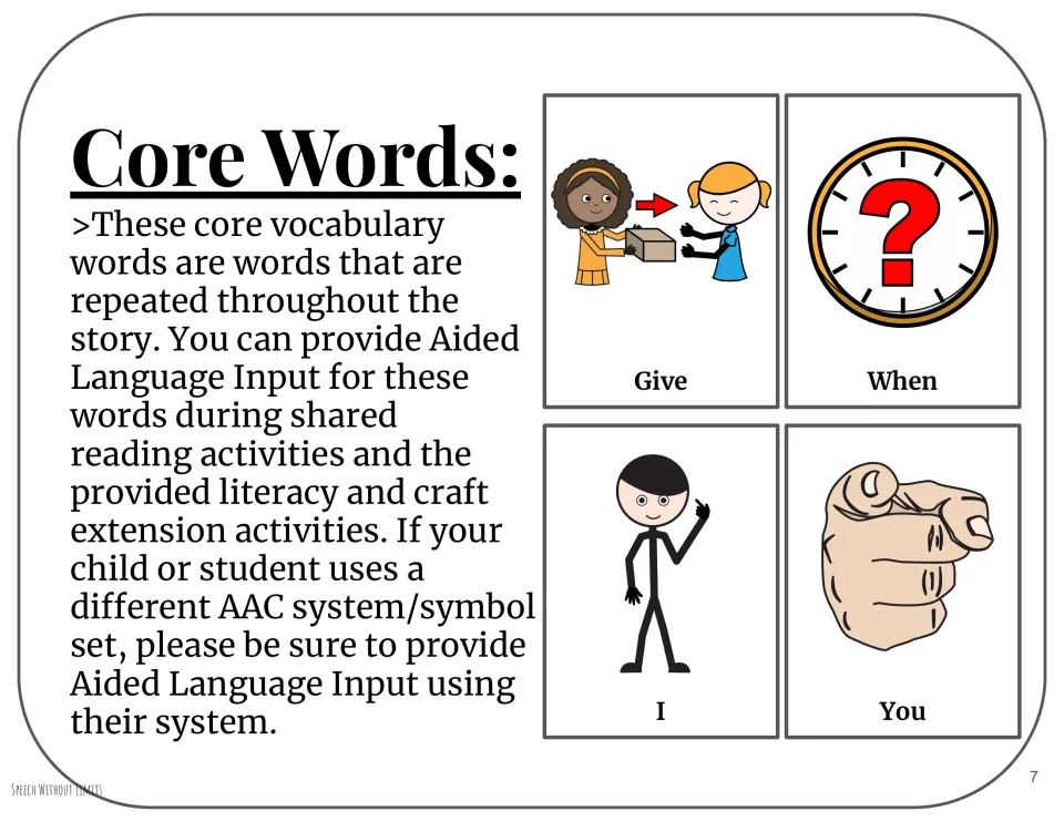 Core vocabulary support introduces give, when, I and you, with pictures and guidance for aided language input