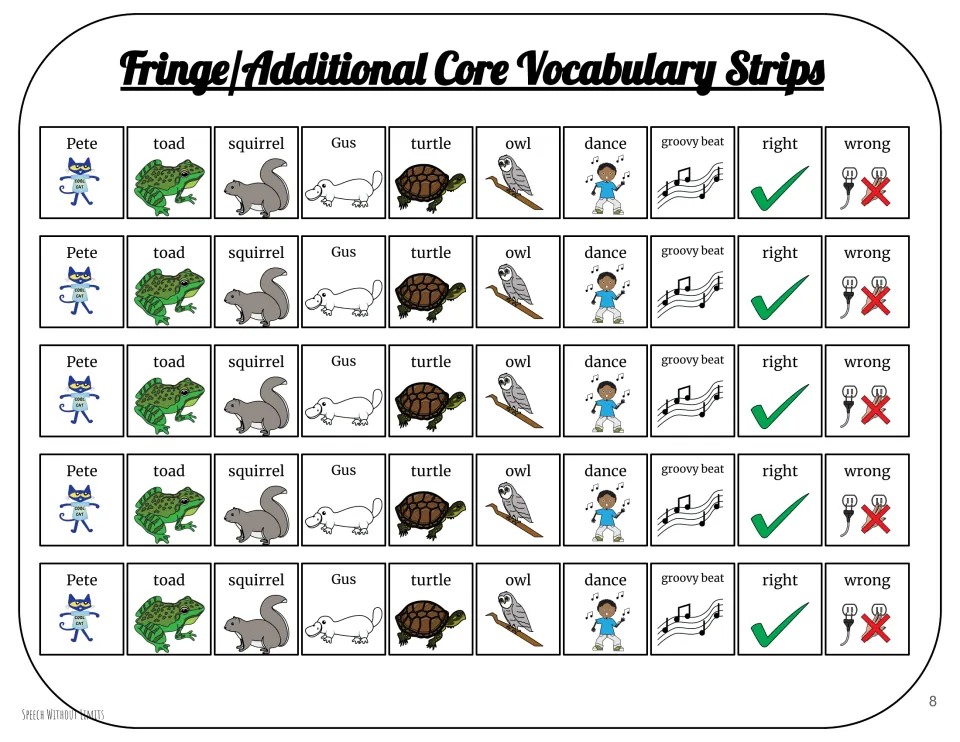 Five identical vocabulary strips show Pete, toad, squirrel, Gus, turtle, owl, dance, groovy beat, right and wrong