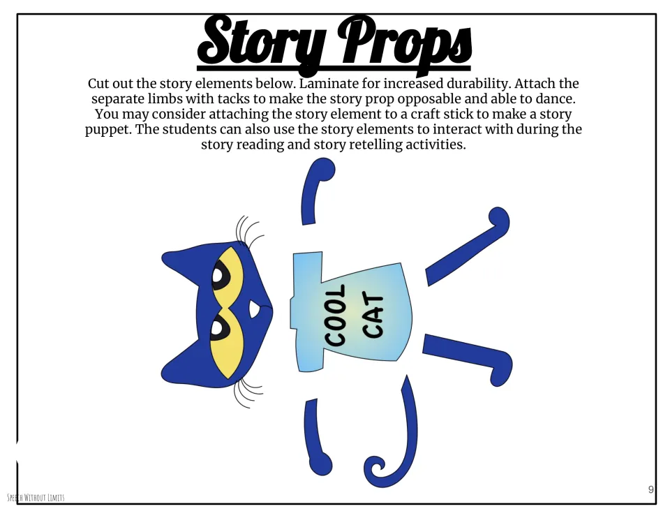Story prop provides Pete's head, shirt, arms, legs and tail to cut out and assemble for reading and retelling