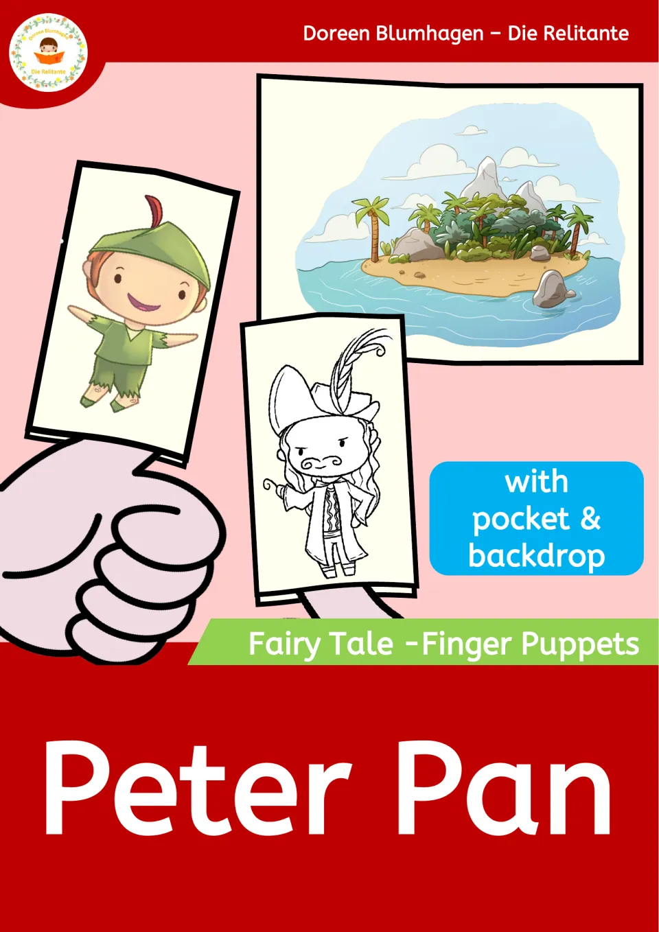 Cover: Peter Pan fairy tale finger puppets, with Peter Pan and pirate puppets on fingers and an island backdrop