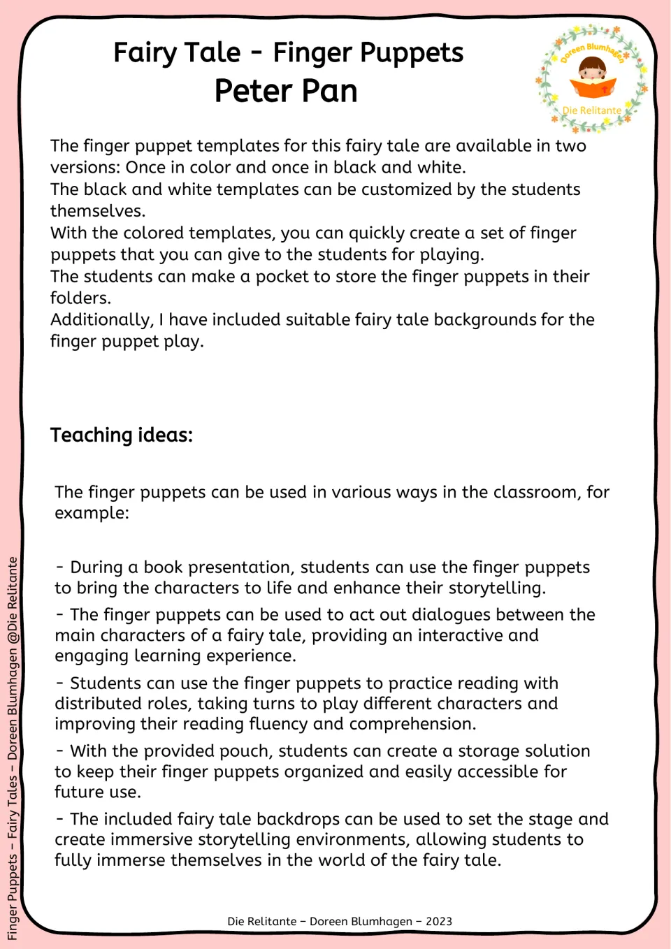 Teacher notes: colour and black-and-white puppet versions, pocket, backdrops, and teaching ideas like role reading