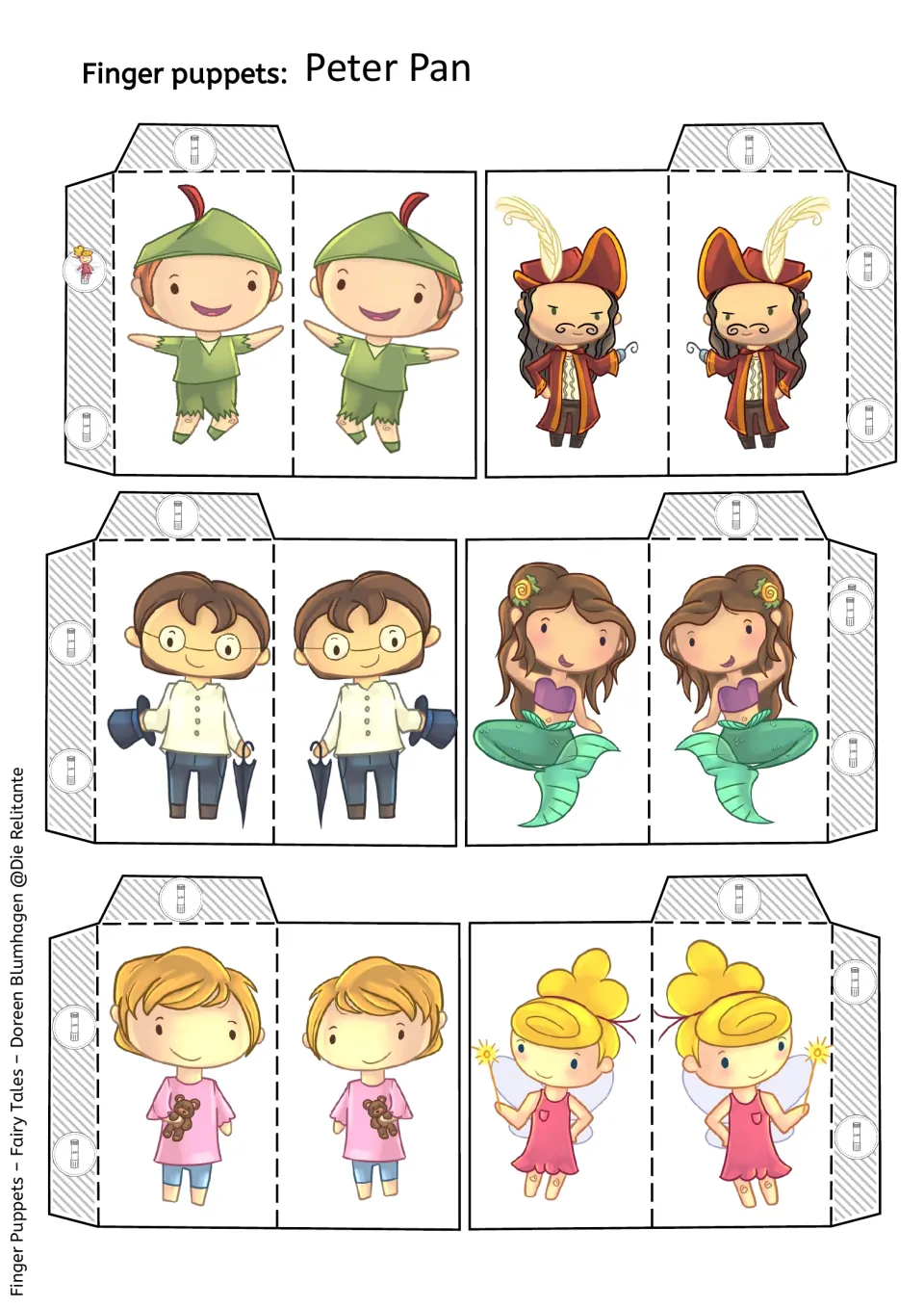 Colour finger puppets of Peter Pan, a pirate captain, a mermaid, a fairy and two boys, to cut out, fold and glue