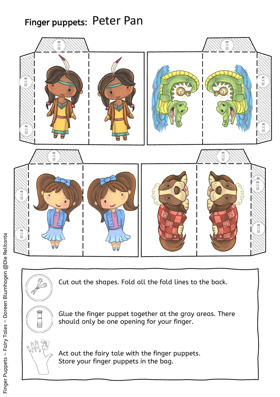 Colour puppets of a crocodile with a clock, a dog and two girls, with steps to cut, fold, glue and act out the story