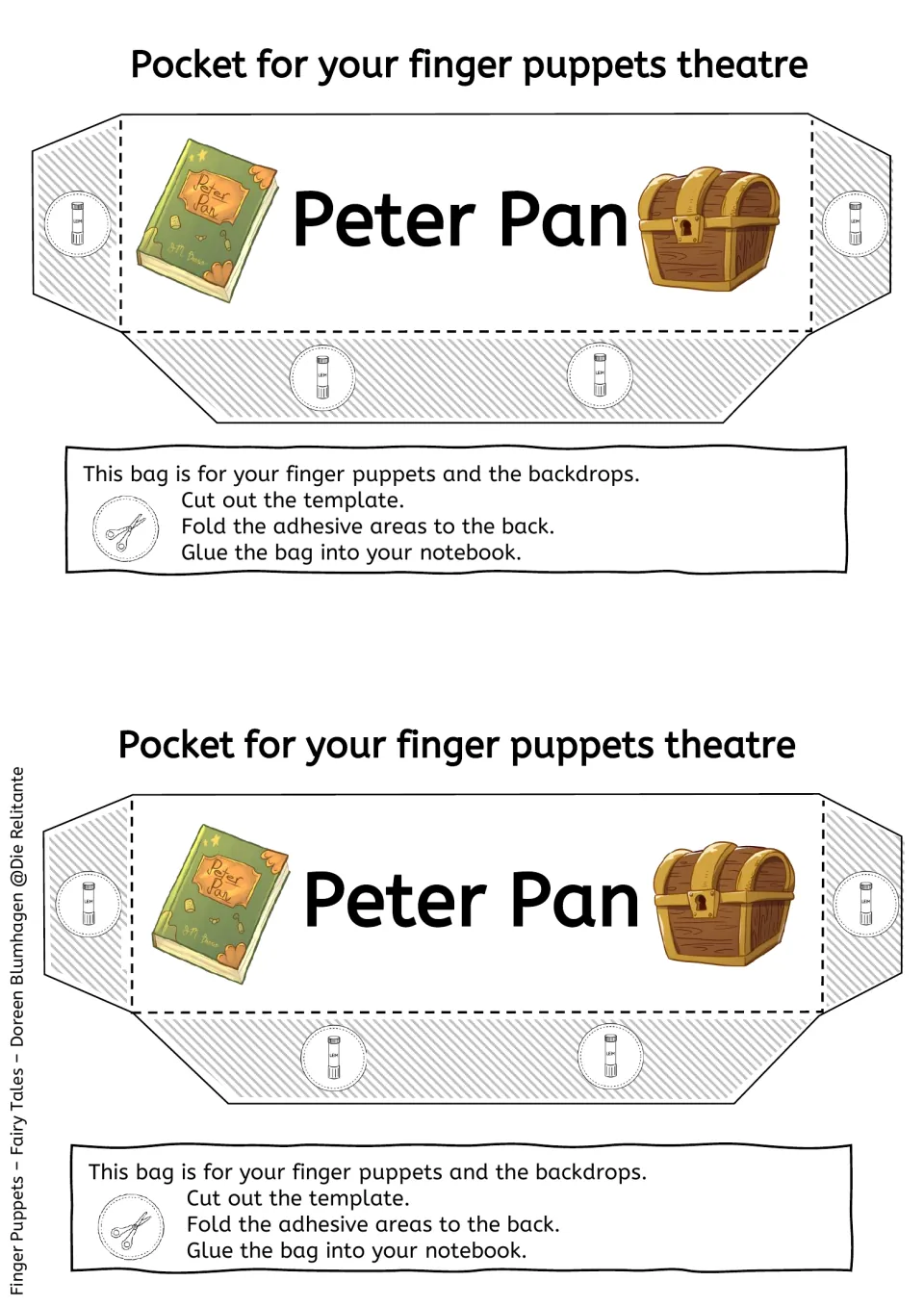 Colour storage pocket for puppets: two Peter Pan pocket templates with book and chest art to glue into a notebook