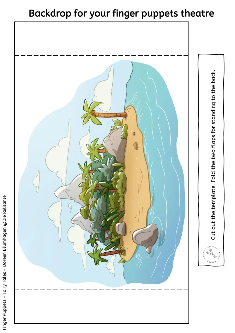 Island backdrop with palm trees, rocks and sea: students cut it out and fold the flaps so it stands behind the puppets