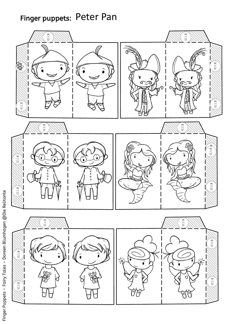 Black-and-white puppets of Peter Pan, a pirate captain, a mermaid, a fairy and two boys to colour and assemble